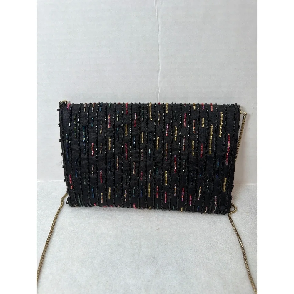 VTG 80s La Regale Beaded Evening Clutch Womens Small Black Multi Color Satin Bag